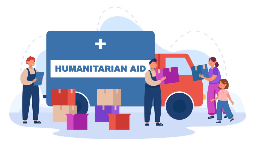 Volunteers giving boxes with humanitarian aid to poor people. Male characters standing with help boxes near van flat vector illustration. Charity foundation, donation of food and clothes concept